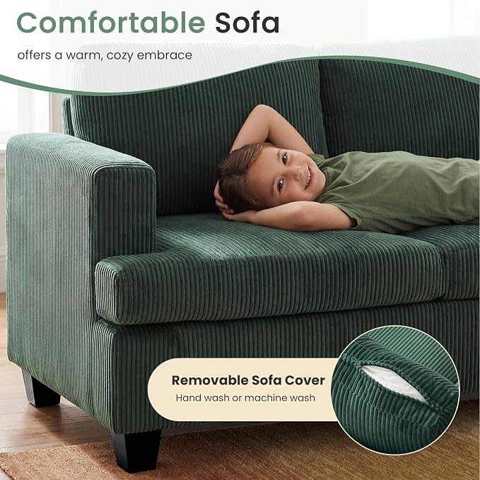 YOUDENOVA 2 Piece Set Comfy Sofa Couch, Loveseat Sofa * 2 with Deep Seats, Modern Sleeper Couch for Living Room, Green Corduroy