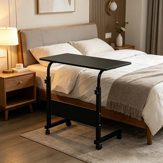 Standing Desk - Adjustable Height Side Table, Portable Laptop Cart, C-Shaped Bed Couch End Table with Edge Stopper and Wheels for Living Room Bedroom Walking Pad Treadmill, 31.5 Inch, Black