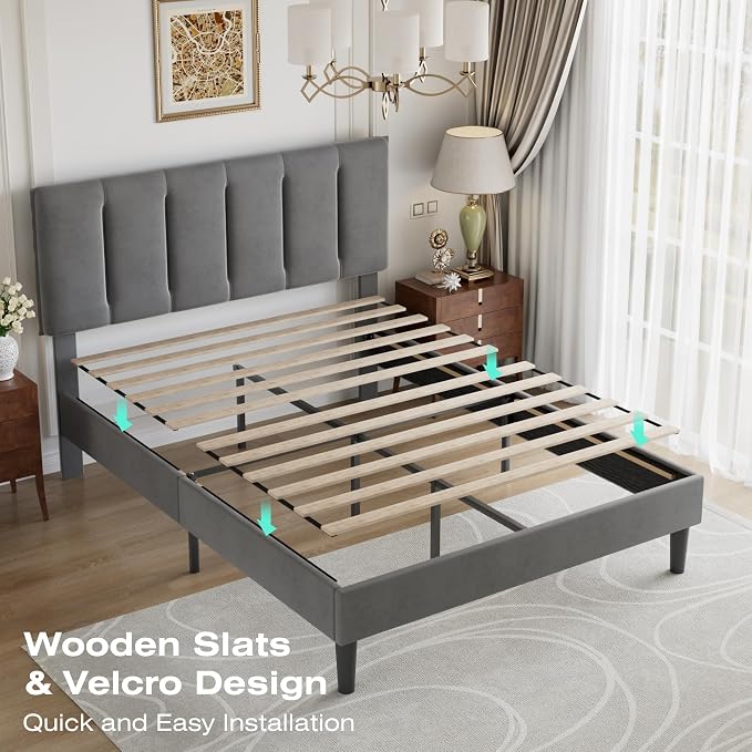 VECELO Full Size Bed Frame with Upholstered Headboard, Platform Bedframe with Strong Wooden Slats Support, No Boxing Spring Needed, Dark Grey
