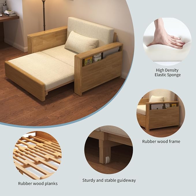 48" Natural Wood Tone Solid Wood Frame, 3-in-1 Sleeper Sofa with Storage | Solid wood sofa for living rooms, apartments & offices — single-size, it works as a guest bed to maximize small space.