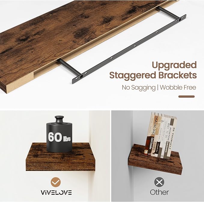 Vivelove Floating Shelves for Wall Mounted, 48 Inches Long Shelves, Display Shelf for Bathroom Living Room Kitchen Bedroom Office Farmhouse Home Decor, 48" X 9.3" X 1.5" - Set of 1, Rustic Brown