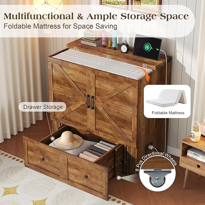 LUXOAK Twin Murphy Bed with 6" White Tri-Fold Memory Foam Mattress, Storage Drawer & Charging Station, Space-Saving Design for Home Office or Guest Room, Barnwood