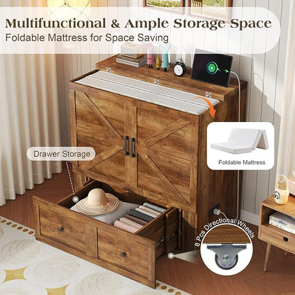 LUXOAK Twin Murphy Bed with 6" White Tri-Fold Memory Foam Mattress, Storage Drawer & Charging Station, Space-Saving Design for Home Office or Guest Room, Barnwood