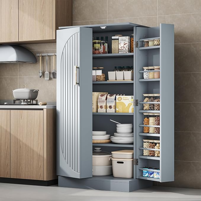 kepptory 47" Kitchen Pantry Cabinet with Doors and Adjustable Shelves, Freestanding Pantry Storage Cabinet, Farmhouse Buffet Cupboard for Kitchen, Dining Room, Living Room, Grey