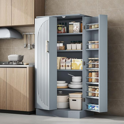 kepptory 47" Kitchen Pantry Cabinet with Doors and Adjustable Shelves, Freestanding Pantry Storage Cabinet, Farmhouse Buffet Cupboard for Kitchen, Dining Room, Living Room, Grey