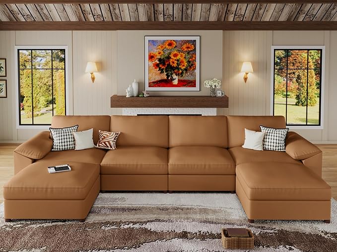EASE MOOSE Leather Sectional Couch, Oversized Modular Sectional Sofas, Wide Deep Seat Modern Modular Couch, Scratch Resistant Faux Leather Material, U Shaped Sofa for Big Spaces, Brown