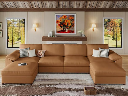 EASE MOOSE Leather Sectional Couch, Oversized Modular Sectional Sofas, Wide Deep Seat Modern Modular Couch, Scratch Resistant Faux Leather Material, U Shaped Sofa for Big Spaces, Brown