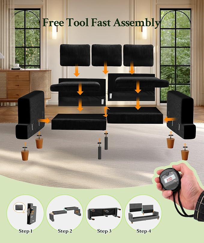 Welzona 87.2" Couches for Living Room, Comfy Sofa Set Tool-Free Setup, Corduroy Couch Set 7.5" Thicker Cushion, Accent Chair with Ottoman 848lbs Support, Sofas for Living Room Home Office, Black