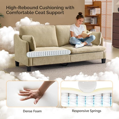 VINGLI 84" Extra Deep Seat Sofa Couch, 3 Seater Upholstered Living Room Couches with 2 Piped Seater Cushions, Throw Pillows, Modern Linen Velvet Fabric Sofa for Apartment Bedroom Office