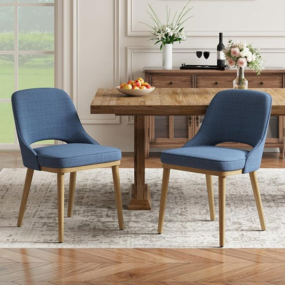 Modern Upholstered Dining Chairs Set of 2, Open Back with Solid Wood Legs, Ergonomic Curved Back Fabric Kitchen Chairs for Dining Room & Kitchen, Living Room Side Chairs, Farmhouse, Blue