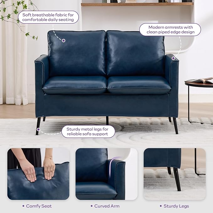 TYBOATLE Faux Leather Loveseat Sofa and Accent Chair Set of 2, Comfy Love Seat Couch and Chair Set, Mid-Century Modern 2 Seat Couches for Small Spaces, 3 Pieces Living Room Furniture Sets (Blue, 3)