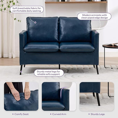 TYBOATLE Faux Leather Loveseat Sofa and Accent Chair Set of 2, Comfy Love Seat Couch and Chair Set, Mid-Century Modern 2 Seat Couches for Small Spaces, 3 Pieces Living Room Furniture Sets (Blue, 3)