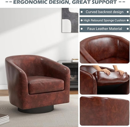 Faux Leather Swivel Barrel Accent Chairs Set of 2, Swivel Club Chair Upholstered Armchair for Living Room, Modern Round Pleather Arm Chair Comfy Single Sofa Bedroom Reading Seat - Red Brown