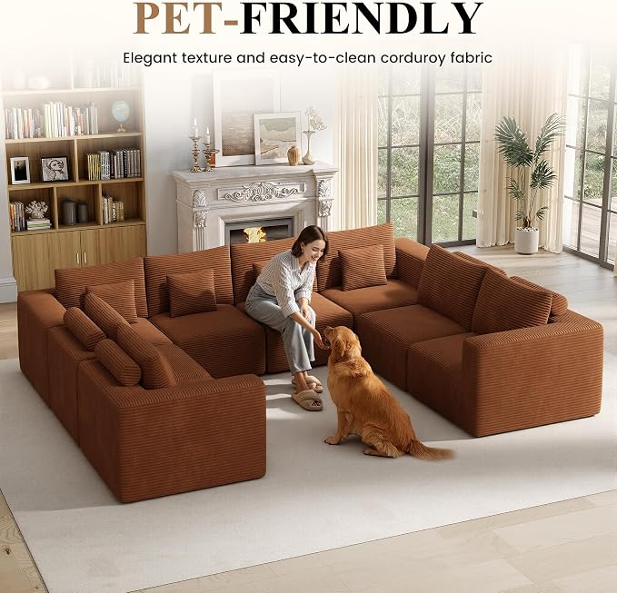 Modern U Shaped Modular Sectional Sofa, Convertible Oversized Cloud Couches for Living Room, Comfy 8 Seater Corduroy Boneless Couch Sofa Set, No Assembly Required, Beige 1 PCS