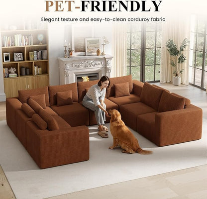 Modern U Shaped Modular Sectional Sofa, Convertible Oversized Cloud Couches for Living Room, Comfy 8 Seater Corduroy Boneless Couch Sofa Set, No Assembly Required, Beige 1 PCS