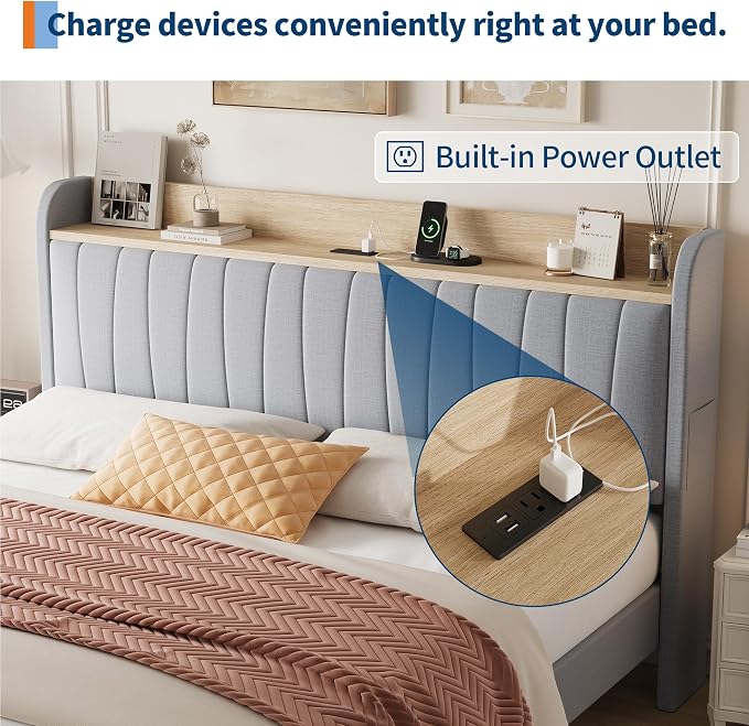 GarveeHome King Size Bed Frame with Storage Headboard, Upholstered Platform Beds with Drawers, Charging Station, Noise-Free, No Box Spring Needed, Easy Assembly, Light Grey