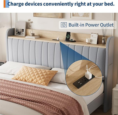 GarveeHome King Size Bed Frame with Storage Headboard, Upholstered Platform Beds with Drawers, Charging Station, Noise-Free, No Box Spring Needed, Easy Assembly, Light Grey