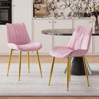 VECELO Dining Chairs Set of 2, Velvet Fabric & Metal Frame, Mordern Style for Kitchen, Living Room,Offcie, Pink