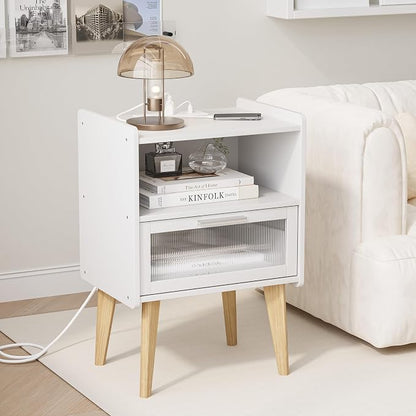 MMEOLUOOK Nightstand with Charging Station, Bedside Tables, End Table Side Table with 2 Tiers Storage Space, for Bedroom, Living Room, White MLBZ07WE-2