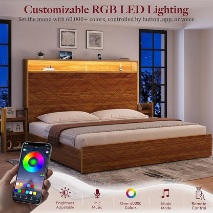 Queen Size Bed Frame with 2 Bedside Storage Racks & 4 Locking Drawers, 51.2" Tall Headboard with Charging Station & RGB LED Lights, Farmhouse Platform Bed Frame, No Box Spring Needed, Brown