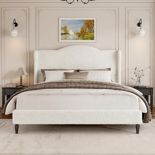 Full Bed Frame with Wingback Headboard, Upholstered Boucle Platform Bed Frame, Solid Wooden Slats Support, Noise-Free, No Box Spring Needed, Soft Cloud Bed for Bedroom, Cream