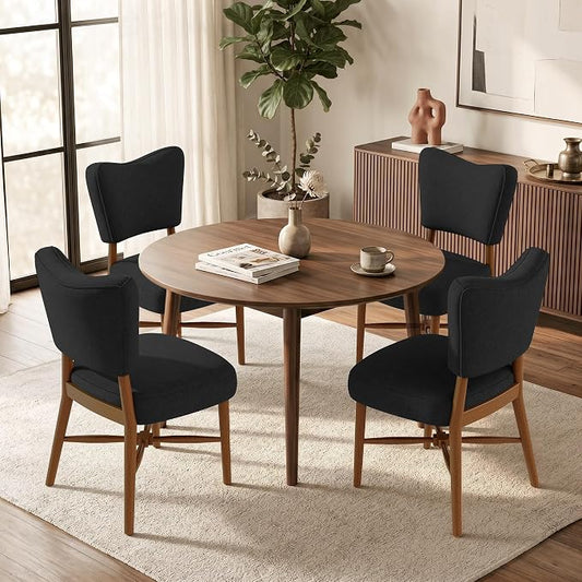 Mid Century Dining Chairs Set of 4, Linen Seat, Wood Legs, Black | Farmhouse, Upholstered Padded Cushion, Solid Wood Cross-Brace, Easy 15-Min Assembly, Kitchen Dining Room