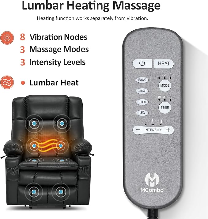 MCombo Dual Motor Power Lift Recliner Chair for Elderly, Lay Flat Lift Chair with Heat and Massage, Cup Holders, USB Ports, Faux Leather 7890 (Black, Medium)