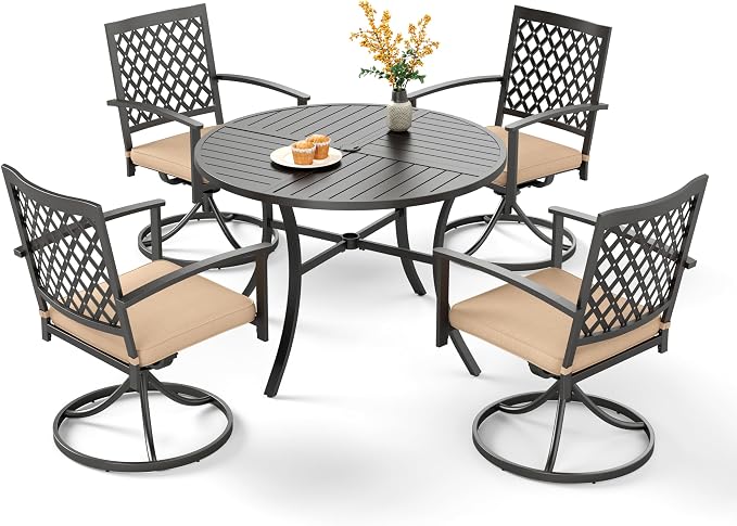 PHI VILLA 5 Pieces Outdoor Dining Set for 4, Round Metal Steel Table with Umbrella Hole & Swivel Wrought Iron Chairs with Cushions, Large Modern Furniture for Patio, Deck, Backyard, Porch