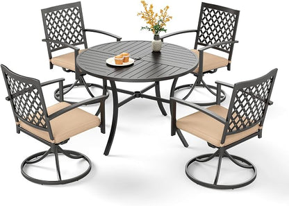 PHI VILLA 5 Pieces Outdoor Dining Set for 4, Round Metal Steel Table with Umbrella Hole & Swivel Wrought Iron Chairs with Cushions, Large Modern Furniture for Patio, Deck, Backyard, Porch