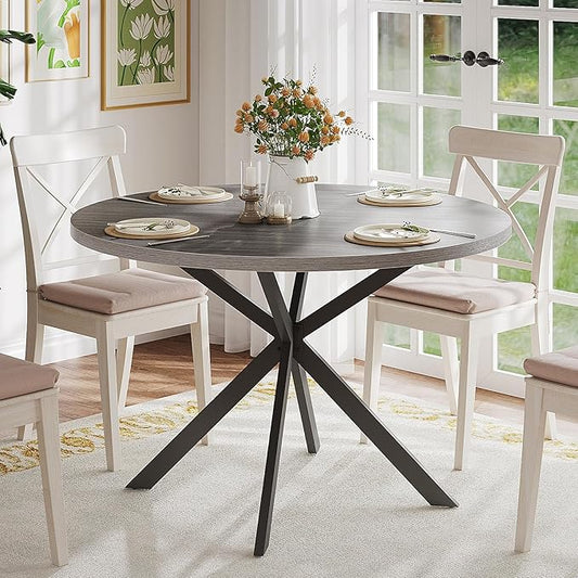 ChooChoo 47.2 Inch Round Dining Table for 4, Farmhouse Wood Kitchen Table, Circle Dinner Table for Kitchen & Dining Room, Grey