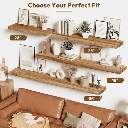 Vivelove Live Edge Floating Shelves Solid Wood, 48 Inch Set of 1, Elm Shelves for Wall with Invisible Bracket for Living Room Bedroom Bathroom Office Book, Rustic Farmhouse Wooden Shelf - Natural