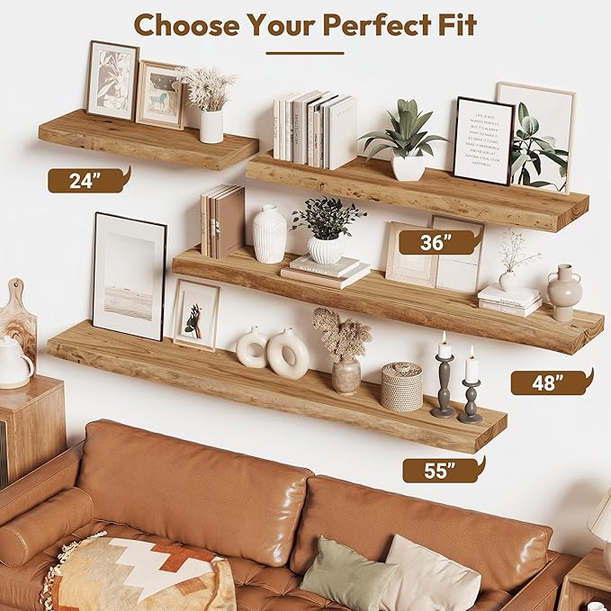 Vivelove Live Edge Floating Shelves 36 inch, Elm Wood Shelf with Invisible Bracket, Rustic Farmhouse Wall Shelf for Living Room Bedroom Bathroom Office Book, 36x8 - Set of 2 - Natural