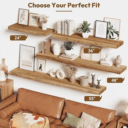 Vivelove Live Edge Floating Shelves 36 inch, Elm Wood Shelf with Invisible Bracket, Rustic Farmhouse Wall Shelf for Living Room Bedroom Bathroom Office Book, 36x8 - Set of 2 - Natural