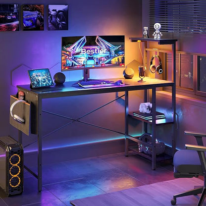 Bestier Gaming Desk with LED Lights, 51.3 Inch Computer Desk with 4 Tiers Reversible Shelves, Home Office Writing Desk with Side Storage Bag, Hooks and Height Adjustable Shelf (Black Grained)
