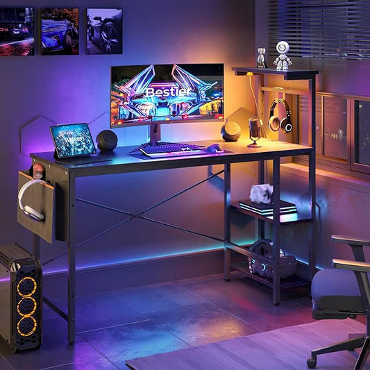 Bestier Gaming Desk with LED Lights, 51.3 Inch Computer Desk with 4 Tiers Reversible Shelves, Home Office Writing Desk with Side Storage Bag, Hooks and Height Adjustable Shelf (Black Grained)