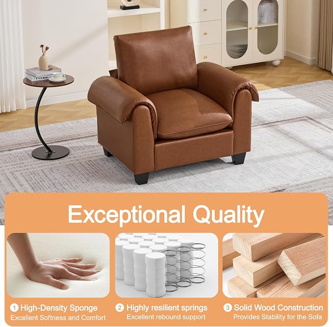 44.5" Faux Leather Single Sofa, Oversized Accent Chair with Curved Armrests, Cloud Modern Sofa Upholstered Deep Seat Reading Chair Armchair for Living Room, Bedroom，Brown