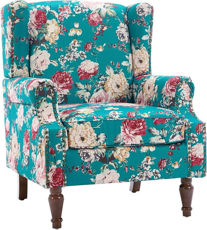 High Back Floral Accent Chairs Set of 2, Upholstered Armchair in Fabric, Retro Printed Wingback Arm Chair for Living Room, Nailhead Trim Single Sofa Bedroom Reading Seat - Peacock Blue
