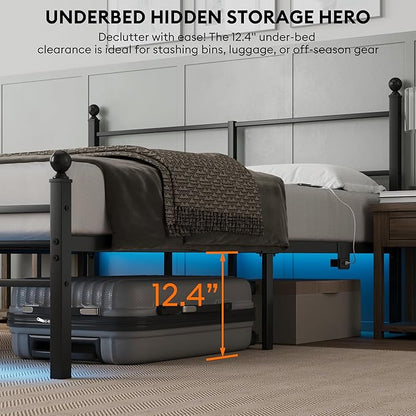 Full Size Bed Frame with Headboard - Metal Platform Bed with LED Lights, Charging Station, Under Bed Storage and Heavy Duty Steel Slats Support - No Box Spring Needed, Easy Assembly, Black