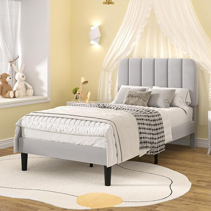 VECELO Twin Size Bed Frame with Upholstered Headboard, Velvet Platform Bedframe Mattress Foundation, Strong Wood Slat Support, No Box Spring Needed,Light Grey