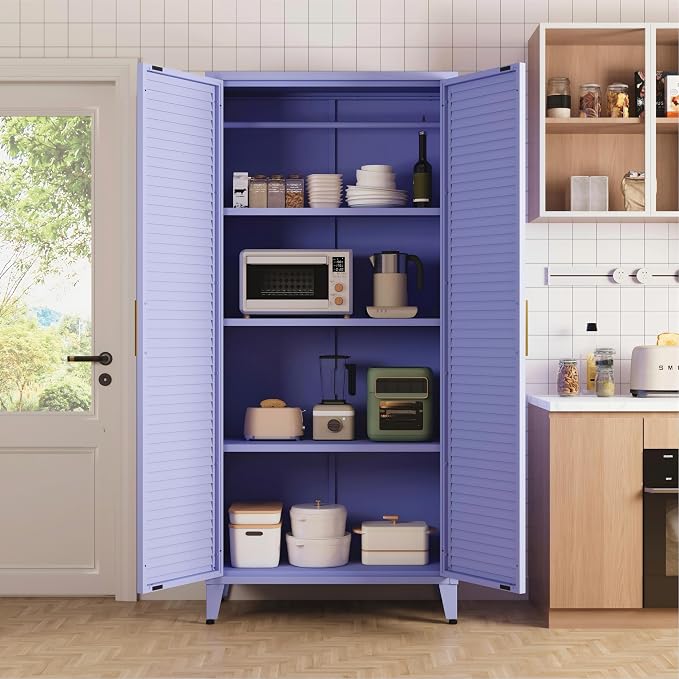 61" Tall Purple Kitchen Pantry Cabinet, Farmhouse Metal Pantry Storage Cabinets, with 2 Louvered Door and 3 Adjustable Shelves, Multipurpose Storage Organizer, for Home, Entryway, Kids Room