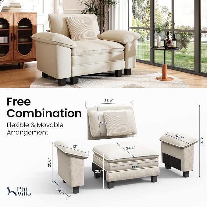 PHI VILLA Oversized Single Sofa Chair with Deep Seat, Cloud Upholstered Reading Armchair, 1 Seater Comfy Sofa Chair for Bedroom Nook, Chenille, Beige