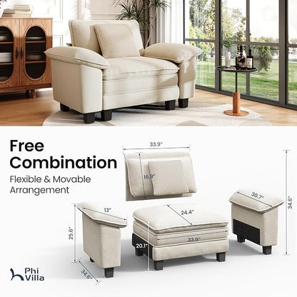 PHI VILLA Oversized Single Sofa Chair with Deep Seat, Cloud Upholstered Reading Armchair, 1 Seater Comfy Sofa Chair for Bedroom Nook, Chenille, Beige