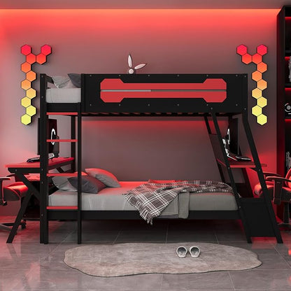 Merax Wooden Full Over Full Bunk Bed with 2 Side Desks, USB Desktop Ports and Pegboard Organizer, Gaming Bunk Bed for Gamer, Kids or Teens, No Box Spring Needed, Red