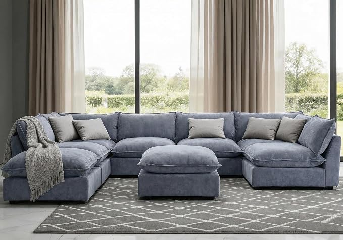 Iroomy Modular Sectional Sofa, Oversized Chenille Cloud Couch, Deep Comfy Seat, 8-Seater Sofas Couches for Living Room, Dusty Blue