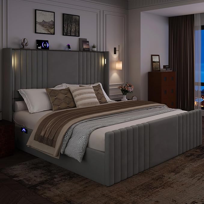 King Size Bed Frame with 55.1" Tall Headboard, Velvet Upholstered Platform Bed with Channel Tufted Wingback, 2 Reading Lights/Storage Shelf/Charging Station/Easy Assembly/Noise-Free, Grey