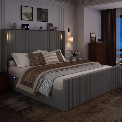 King Size Bed Frame with 55.1" Tall Headboard, Velvet Upholstered Platform Bed with Channel Tufted Wingback, 2 Reading Lights/Storage Shelf/Charging Station/Easy Assembly/Noise-Free, Grey
