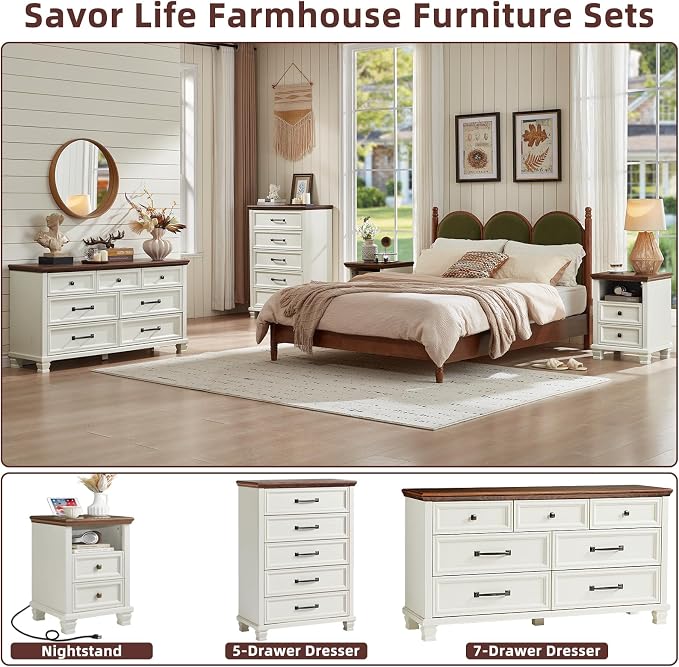 SAVOR LIFE Farmhouse Dresser and Nightstand Sets 2 Piece, 7 Drawer Dresser & 2 Drawer Nightstand Set, Rustic Wood Bedroom Furniture Set for Home, Bedroom, Hallway, White