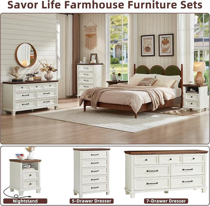 SAVOR LIFE Farmhouse Dresser and Nightstand Sets 3 Piece, 5/7 Drawer Dresser & 2 Drawer Nightstand Set, Rustic Wood Bedroom Furniture Set for Home, Bedroom, Hallway, White