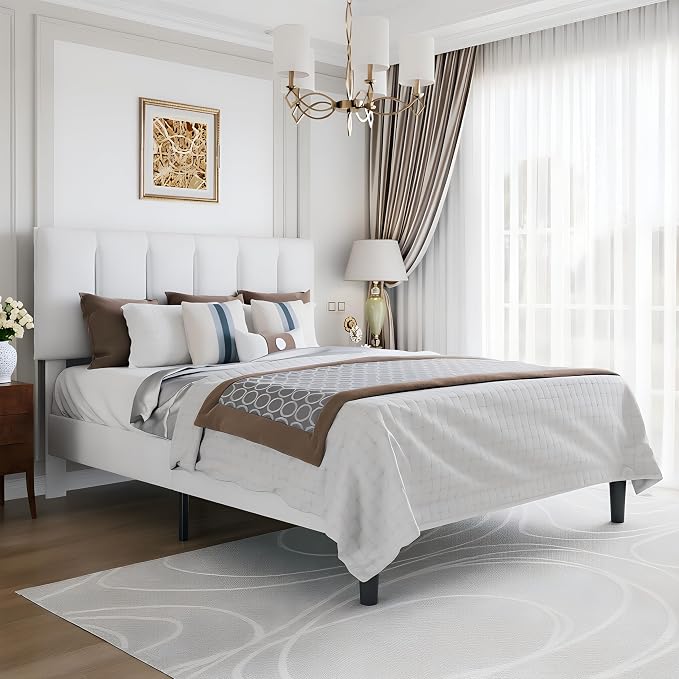 VECELO Full Bed Frame with Upholstered Headboard, Heavy-Duty Platform Bedframe with Strong Wooden Slats Support, No Boxing Spring Needed, Pure White