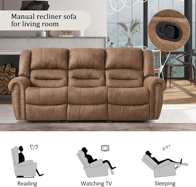 CANMOV Faux Leather Manual Recliner Sofa Set, 2 Recliner Chair and a 3-Seat Sofa for Living Room,Bedroom Furniture, Office,Nut Brown